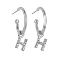 Detailed view of silver C-hoop earrings with sparkling pave letter H pendant and studs - Letter H / Silver