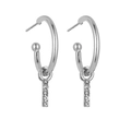 Detail of silver C-shape earrings with long vertical drops and five sparkling zircons - Silver I