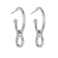 Detailed close-up of C-shaped silver earrings with sparkling letter O crystal charms - Silver O