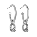 Detail of silver hoop earrings featuring a sparkling letter Q pendant with crystals - B1226 Silver Q
