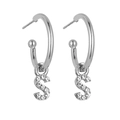 Detailed close-up of silver letter S earrings with sparkling crystal pavé stones - B1228 Silver S