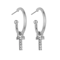 Detail showing polished silver-tone earrings with diamond-encrusted letter T pendants - B1229 Silver T