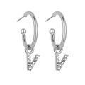 Detailed view of silver hoop earrings featuring letter V pendants with crystal rhinestones - B1231 Silver V