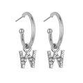 Macro detail of silver letter W earrings with micro-paved sparkling cubic zirconia stones - B1232 Silver W