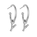 Close-up of silver hoop earrings with sparkling crystal letter Y charms and 925 silver pins - Silver Y-b1320