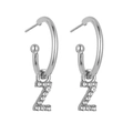 Detailed view of silver C-shaped hoop earrings with diamond-encrusted letter Z pendant - Silver Z-b1321