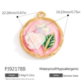 Pink enamel flower pendant in gold stainless steel frame featuring white rose and star - Pink Rose Star (PJ92178B)