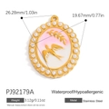 Oval stainless steel pendant with pink enamel bird relief and white pearl border - Oval Pink Bird (PJ92179A)