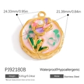 Pink enamel tulip flower pendant in stainless steel with measurement details - Pink Pearl Floral (PJ92180B)