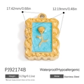18K gold plated stainless steel pendant with blue background and gold rose relief - Rectangular Blue Rose (PJ92174B)
