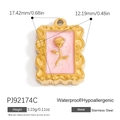 Golden stainless steel rectangular pendant with pink marble and flower relief design - Rectangular Pink Rose (PJ92174C)