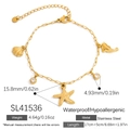 Golden stainless steel charm bracelet with starfish and shell pendants in 17cm length - Sea Star Shell Ocean Multi-Pendant Style (SL41536)