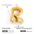 Golden stainless steel letter R pendant with sparkling zircons and dimensions display - Letter R Style (PJ92246R)