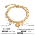 Zweilagiges goldenes Armband mit Schleifenanhänger und weißen Perlen im Vintage-Stil - Schmetterling Zirkonia Perlen-Stil (SL41557)