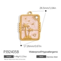 Gold stainless steel rectangular pendant with pink enamel beach scene and white zircon - Pink Beach Rectangular Charm(PJ92405B)
