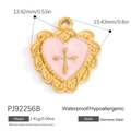 Colgante de corazón en acero dorado con incrustación de concha rosa y detalle cruz - Estilo De Cruz De Corazón De Filigrana Vintage Rosa (PJ92256B)