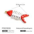 Bohemian stainless steel red fish bone charm with white dots and gold finish accents - Red White Polka Dot Fishbone Pendant (PJ92381B)