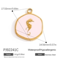 Pendentif hippocampe mignon en acier inoxydable doré 18K avec détail en émail rose - Style Pendentif Rond Hippocampe Rose Clair (PJ92241C)