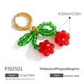 Stainless steel cherry bead earrings with red and green charms on gold hoop - Red Cherry Pendant Style (PJ92501)