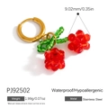 Golden stainless steel cherry earring variant with green beads and red faceted charms - Mini Cherry Pendant Style (PJ92502)
