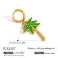 Golden stainless steel earring featuring a vibrant green palm tree pendant charm - Green Palm Tree Pendant Style (PJ92507)