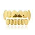 Polished 18K gold plated hip hop teeth grillz set with fangs for top and bottom rows - Gold Top Fangs and Bottom Flat Grillz