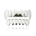Detailed view of hip hop silver teeth grillz set with mirror polished metallic finish - Silver Top Fangs and Bottom Flat Grillz
