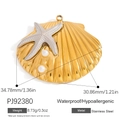 Gold stainless steel scallop pendant with silver starfish and pearls ocean jewelry - Scallop Starfish Pearl Style (PJ92380)