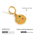 Gold stainless steel coin charm earring with colorful stones and star engraving detail - Hammered Colorful Zircon Pendant Style (PJ92512)