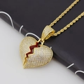 Colgante de corazón roto hip hop con circonitas AAA y cadena de cuerda dorada - Cadena de cordón de 3 mm y 60 cm / Dorado
