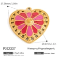 18K gold plated stainless steel heart pendant with red enamel floral design - Pink Enamel Radial Flower Heart Charm (PJ92337)