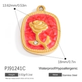 Golden stainless steel oval pendant with red enamel rose and zircon inlay detail - Rose Pendant (PJ91241C)