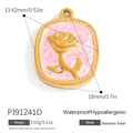 Oval 18K gold stainless steel rose pendant with pink enamel and small diamond accent - Oval Rose (PJ91241D)