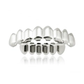 Polished silver hip hop grillz set with 8-top and 6-bottom fangs on white background - Silver Jewelry Set