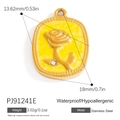Oval gold stainless steel pendant with yellow enamel rose design and small crystal - Yellow Rose (PJ91241E)