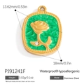 Oval gold-plated stainless steel rose pendant with green embossed background and zircon - Green Rose (PJ91241F)