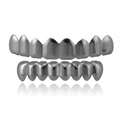 Polished gunmetal hip hop grillz set with upper and lower teeth rows on white background - Black Top 8 Bottom 8 Set