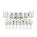 Polished silver hip hop grillz set for upper and lower teeth with sharp canine design - Silver Top 8 Bottom 8 Set