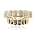 Hip hop vergulde grillz set met fonkelende witte zirkoonstenen voor de tanden - Gouden set