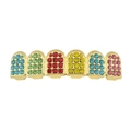 Close-up of rainbow crystal encrusted gold hip hop teeth grills with colorful rhinestones - Gold Multicolor Rhinestone Top Teeth