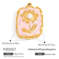 Rectangular 18K gold stainless steel pendant with pink floral design and pearl accent - Pink Tulip (PJ92057)