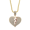Colgante de corazón roto estilo hip hop con cristales sobre cadena de cuerda dorada - Dorado