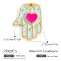 Golden Hamsa hand charm in stainless steel with light blue enamel and a pink heart - Sun Hamsa (PJ92076)