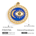 Gold stainless steel evil eye pendant with blue enamel and sparkling rhinestones - Star Moon Evil Eye A (PJ92078A)