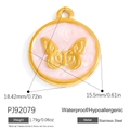 Golden stainless steel round pendant with pink enamel and butterfly relief design - Pink Butterfly (PJ92079)