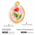 Oval stainless steel tulip pendant with pink enamel and a small white bead accent - Tulip Pink (PJ92080A)
