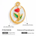 Oval stainless steel pendant in golden finish with colorful enamel tulip flower design - Tulip Floral (PJ92080B)