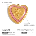 Pink enamel heart pendant with golden embossed rose design in durable stainless steel - Pink Enamel Heart Rose (PJ92624)
