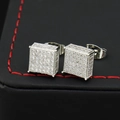 Hip-hop style square stud earrings with micro-paved cubic zirconia on black leather box - Silver Pair