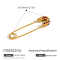 Gold stainless steel safety pin charm with multicolored rhinestones, 39mm length - Large Gold Colorful Rhinestone Pin (PJ92642GA)